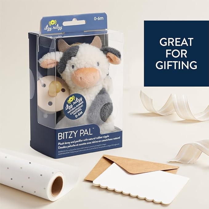 Itzy Ritzy Pacifier & Lovey Set - Natural Rubber Pacifier with Stuffed Animal Lovey - Detachable Plush Cow Binky Holder & Coordinating Natural Rubber Binky, Ideal for Ages 0-6 Months (Cow)