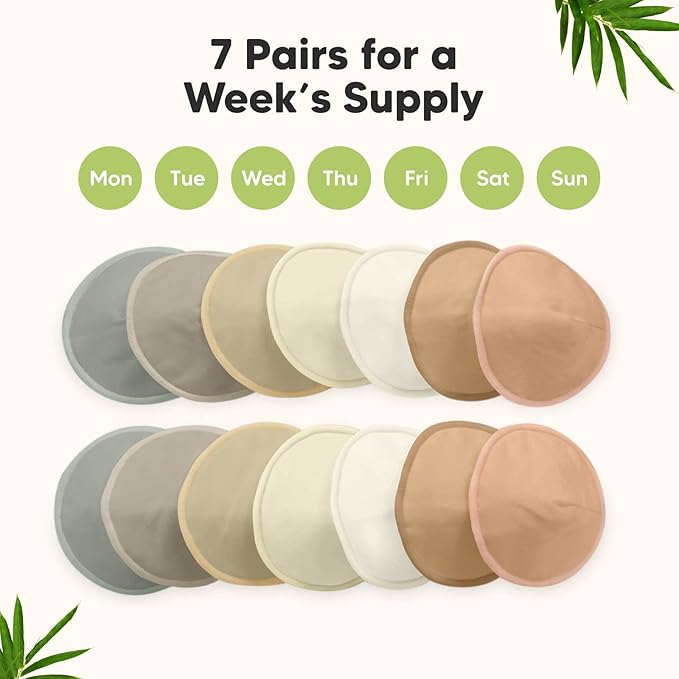 Organic Nursing Pads - 14 Washable Viscose Derived from Bamboo Breastfeeding Pads, Wash Bag, Reusable Breast Pads for Breastfeeding, Nipple Pads for Breastfeeding Essentials(Earth, L 4.8")