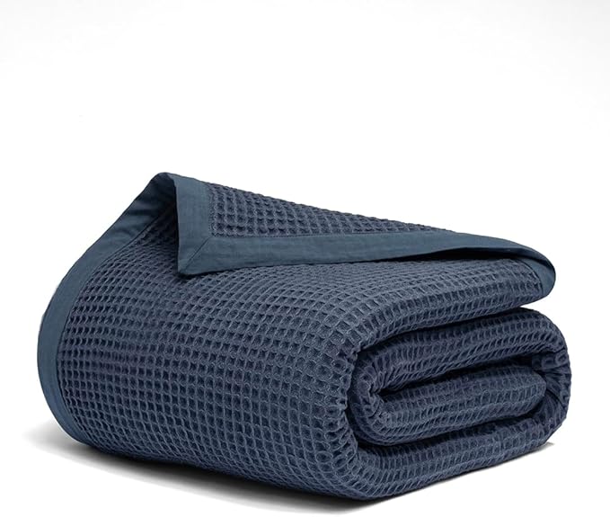 Salt Earth GOTS Certified 100% Organic Cotton Throw Blanket, 90" X 90" Waffle Blankets & Throws for Bed, Throw Blanket for Couch, Modern & Cozy Blanket, All Seasons Waffle Blanket, Soft Blanket(Navy)