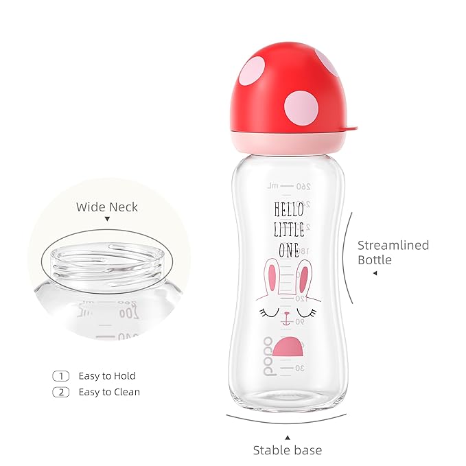 YOHKOH Natural Glass Baby Bottle with Natural Response Nipple, Newborn Anti-Colic Baby Bottles, Wide Neck Mushroom Cap Baby Bottle, Clear (8.8ounce (Pack of 2), Multicolour1)