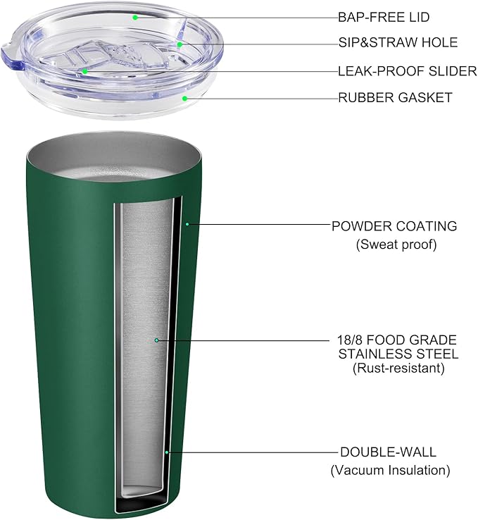 VEGOND 20oz Tumbler Stainless Steel Tumbler with Lid And Straw Vacuum Insulated Double Wall Travel Coffee Mug(dark green package 1)