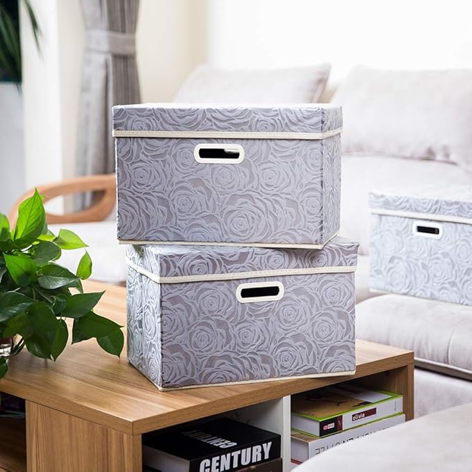 PRANDOM Collapsible Storage Cubes with Lids Fabric Decorative Storage Bins Boxes Organizer Containers Baskets with Cover Handles for Bedroom Closet Living Room 14.9x9.8x9.8 Inch 3 Pack