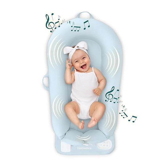 MyBaby 3-in-1 Calming Baby Cushion, Soothing Comfort for Newborns & Infants, Snuggling Sensation, Sound and Vibration, Designed for Safety, Rechargeable & Machine-Washable, by Homedics, Blue