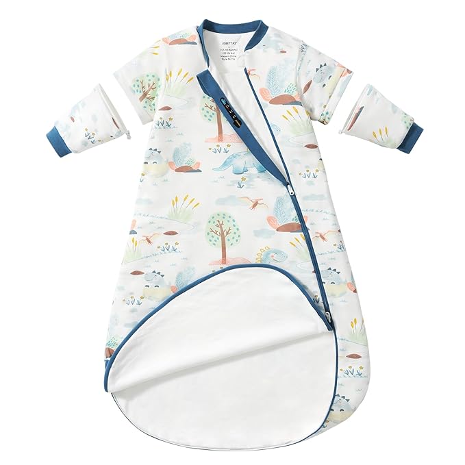 Baby Sleep Sack 6-12 Months, Cotton Detachable Long Sleeve Sleep Sack, 2.5 Tog Toddler Sleeping Sack with Temperature Strips, 2-Way Zipper Wearable Blankets for Newborns, Dinosaur