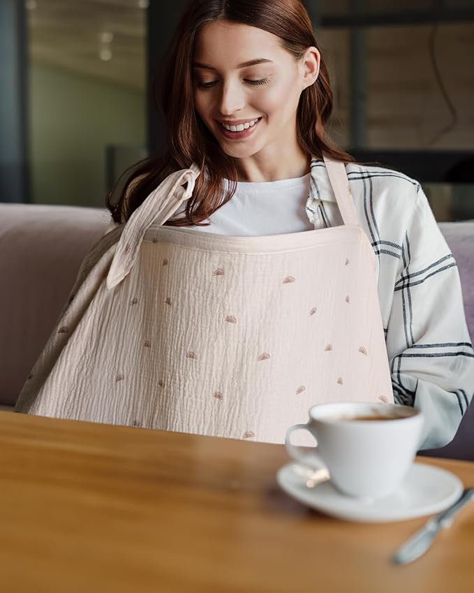 Blissful Diary Muslin Nursing Cover for Breastfeeding, Breathable Breastfeeding Cover up with Arch Neckline for Women, Nursing Apron (Rainbow)