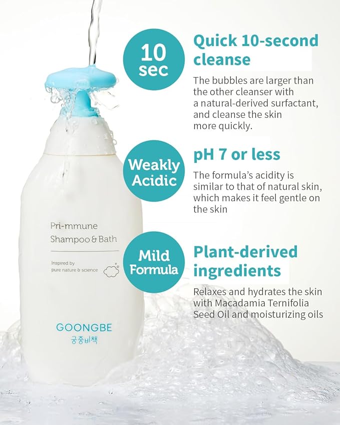 Pri-mmune Shampoo & Bath - Korean Baby Wash - Hypoallergenic Head to Toe Cleanser - Paraben-Free Formula For Sensitive Hair & Skin, 11.8 fl.oz.