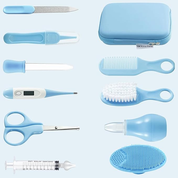 PandaEar Baby Healthcare and Grooming Kit, Baby Safety Set Baby Comb, Brush, Finger Toothbrush, Nail Clippers, Scissors, Nasal Aspirator, Baby Essentials Nursery Care Kit (13-in-1 Blue)