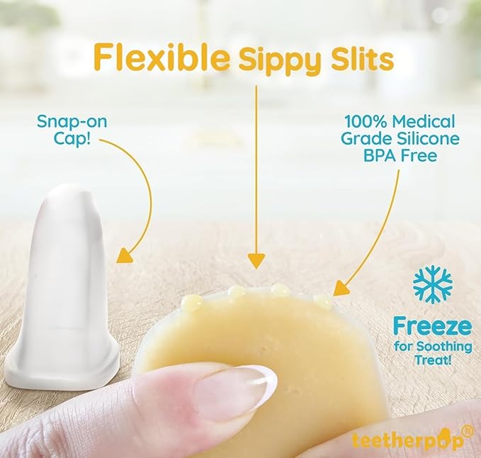 Teetherpop Fillable Silicone Teether for Babies (3-Pack) – Breastmilk Popsicle Molds for Teething w/Spill-Proof Sippy Slits – Freezable Baby Teethers for Liquid & Purée (Fucshia/PinkLemon/BlueLemon)