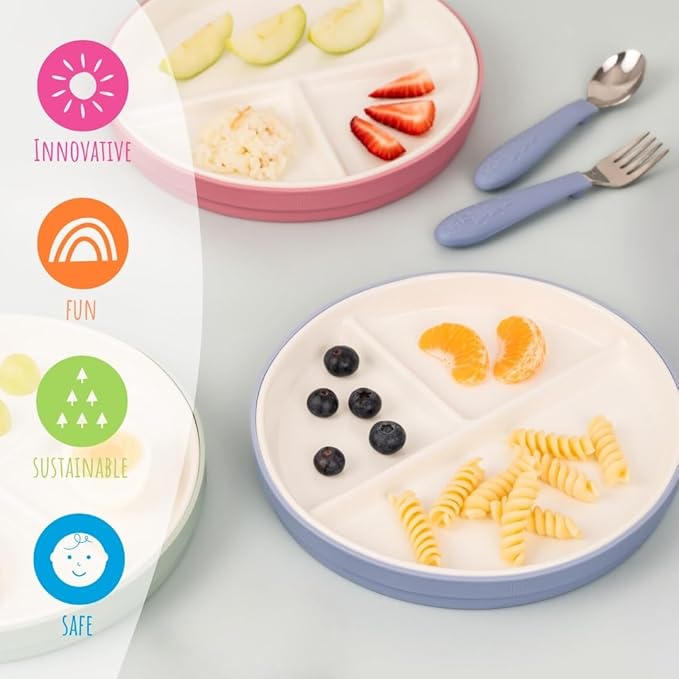 Elk and Friends Kids 7.8” Porcelain Divided Plates with Silicone Suction Sleeves + Lids | Suitable for Kids/Toddlers | Microwave & Dishwasher Safe | Non Slip | Snack Dishes | 4 Pack