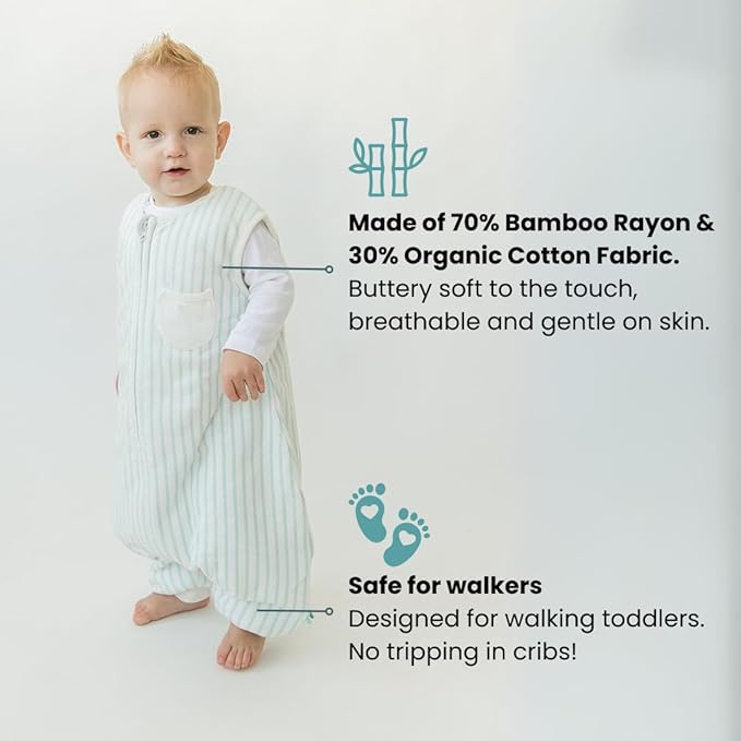 Tealbee Dreamsuit: Toddler Sleep Sack with Feet 2T 3T - 1.5 TOG Winter Baby Wearable Blanket for Walkers - Rayon made from Bamboo, Organic Cotton Sleep Bag - Minty Stripes