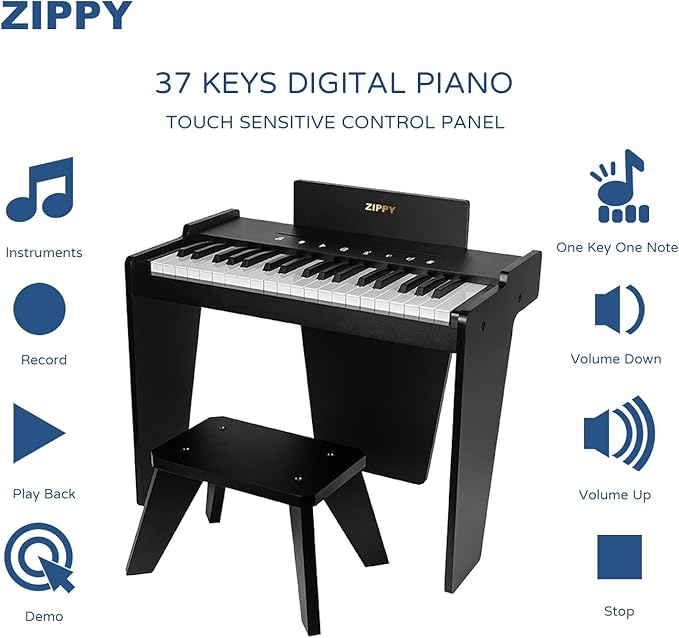 ZIPPY Kids Piano Keyboard, 37 Keys Digital Piano for Kids, Touch Sensitive Control Panel, Built-in Songs, Volume Adjustable, Music Educational Instrument, Wood Piano for 3+ Girls and Boys (Black Plus)