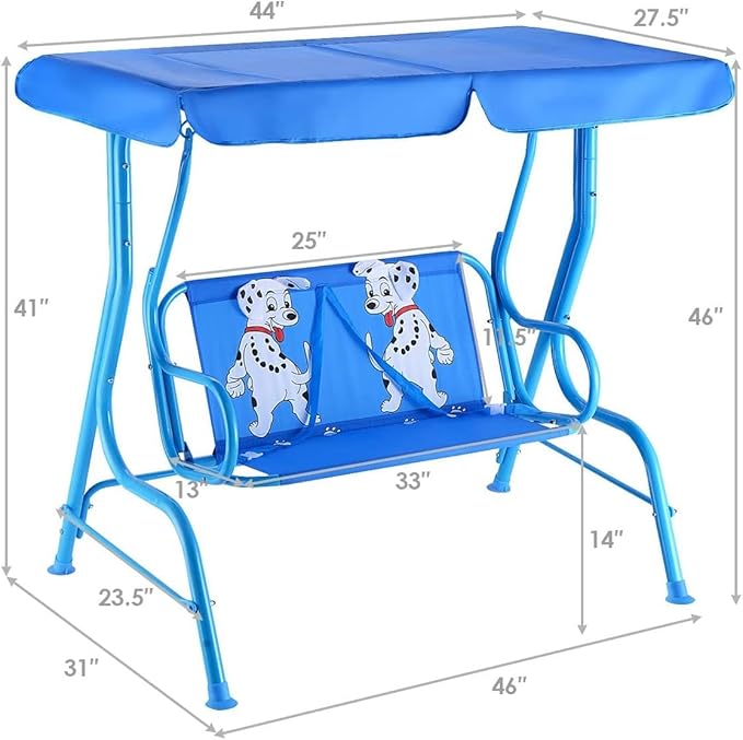 GLACER Porch Swing, Kids Patio Hammock w/Adjustable Canopy & Stand, Safety Belt, 2 Seats Outdoor Swing Bench, Metal Frame Hanging Lounge Chair, Swing Sets for Backyard, Garden, Poolside (Blue Puppy)