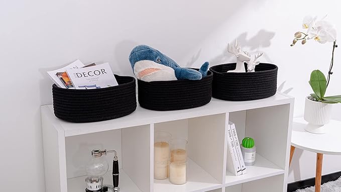Shelf Storage Baskets for Organizing|Cute Basket for Closet&Blanket Storage|Small Woven Baskets to Store Toys,Books,etc.-13x8.66x5.11’’ Cotton Rope,Stylish,Oval 3 Packs Black