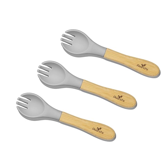 Avanchy Baby Fork Set, Bamboo and Silicone Spork Utensils, Toddler Baby Led Weaning Silverware Cutlery Flatware, Kids First Self Feeding