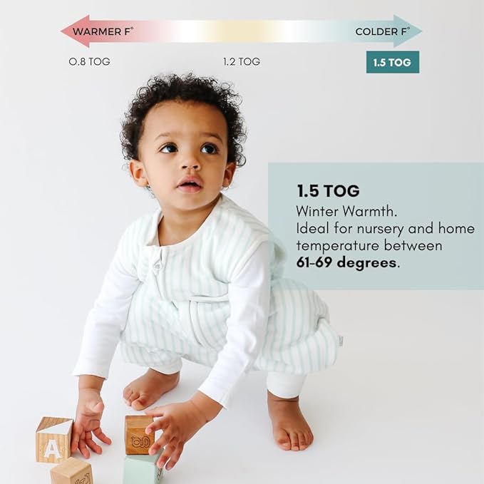 Tealbee Dreamsuit: Toddler Sleep Sack with Feet 12-18 months, 18-24 months - 1.5 TOG Winter Baby Wearable Blanket for Walkers - Rayon made from Bamboo, Organic Cotton Sleep Bag - Minty Stripes