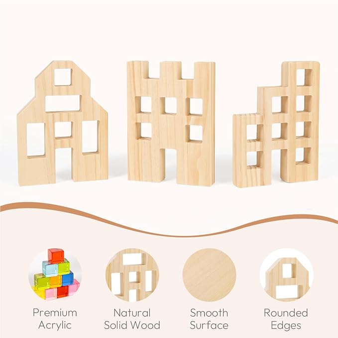 Wooden Building Blocks Set for Kids, 36 PCS Rainbow Acrylic Gem Cubes Blocks - 3 Wood House, Montessori Stacking Toy for Toddlers, Educational STEM Birthday Toys for Boys Girls 3-6