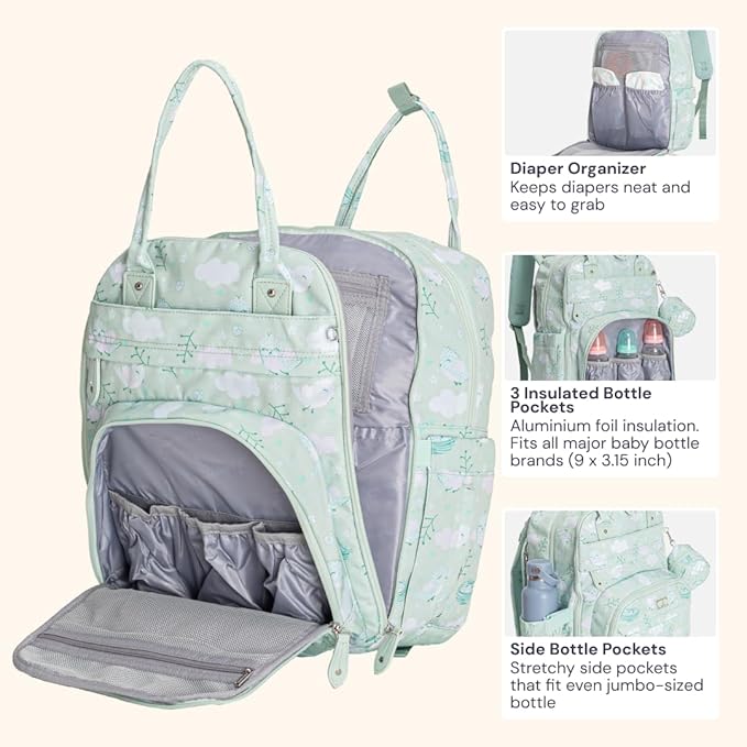 BabbleRoo Diaper Bag Backpack - Baby Essentials, Travel Essentials Baby Bag with Changing Pad, Stroller Straps & Pacifier Case - Unisex, Green Birdy