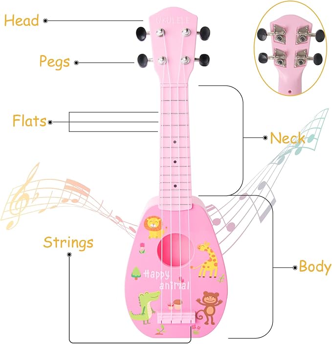 YOLOPARK 17" Kids Toy Guitar for Girls Boys, Mini Toddler Ukulele Guitar with 4 Strings Keep Tones Can Play for 3, 4, 5, 6, 7 Year Old Kids Musical Instruments Educational Toys for Beginner (Pink)