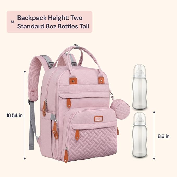 BabbleRoo Diaper Bag Backpack - Baby Essentials Travel Tote - Multi function Water Resistant Diaper Bag, Travel Essentials Baby Bag with Changing Pad, Stroller Straps & Pacifier Case - Unisex, Pink