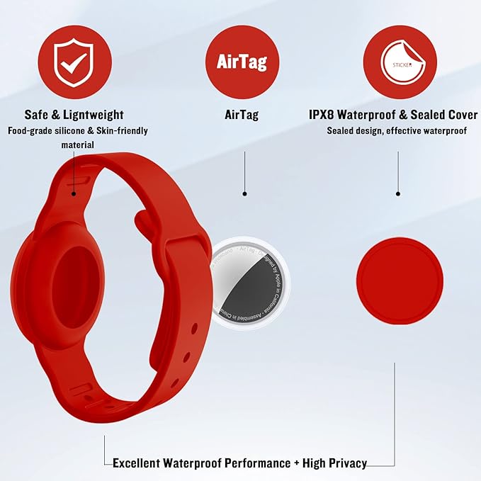 Waterproof AirTag Bracelet for Kids, Hidden Silicone Wristband for AirTag, GPS Tracker Case for Air Tag Holder Strap Band for Child Toddler, Secure Anti-Loss Protection(Red)