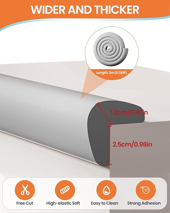 Baby Proof Edge Corner Protector, 6.56FT 0.47''Th L-Shape Furniture Corner & Edge Safety Bumpers with 6 Corners, Pre-Taped, Soft NBR Rubber Foam Desk Edge Cushion Wall Corner Protector（Grey）