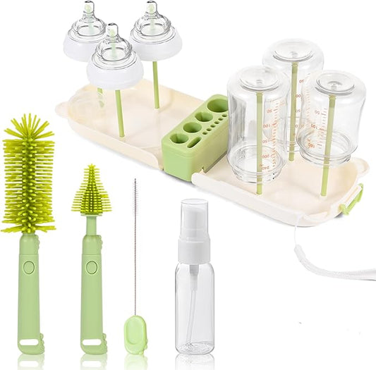 Portable Baby Bottle Brush Set - 7 in 1 Baby Bottle Cleaner Kit, Baby Travel Essential Bottle Washing Kit with Silicone Bottle Brush, Nipple Brush, Straw Brush, Drying Rack for Home and Travel (Green)