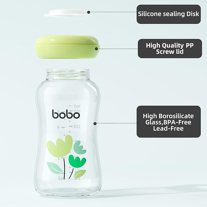 YOHKOH Breast Milk Storage Bottles - Wide Neck Glass Breastmilk Storage Bottles with Lids, BPA-Free (Green, 5.4oz (Pack of 6))