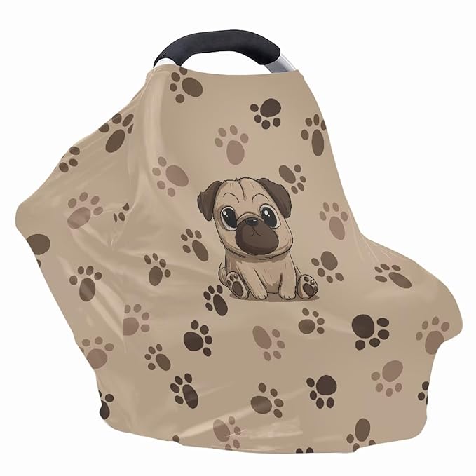 Binienty Brown Dog Paw Prints Infant Carseat Canopy for Boys Girls - Pug Animal Stretchy Breathable Soft Infants Stroller Cover Cozy Car Seat Covers