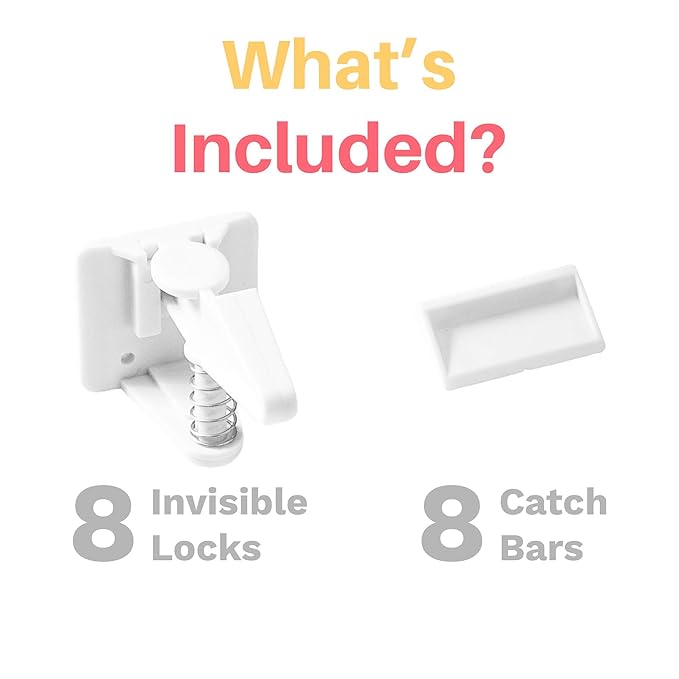 Inaya Cabinet Locks Baby Proofing - Child Proof Drawer Locks - Child Safety Cabinet Latches with 3M Adhesive Easy Installation - No Drilling or Extra Screws (8 Pack)