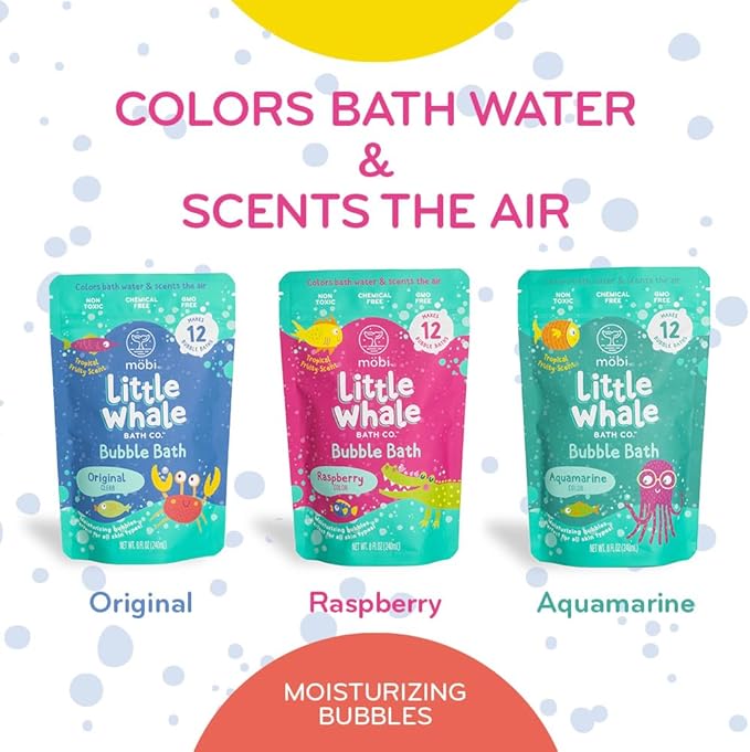 Mobi Little Whale Bubble Bath, Tropical Fruity Scent Kids Body Wash, Gentle Moisturizing Tub Foam for All Skin Type, GMO-Free, Stain-Free, Fun Aquamarine Color, 8 fl oz