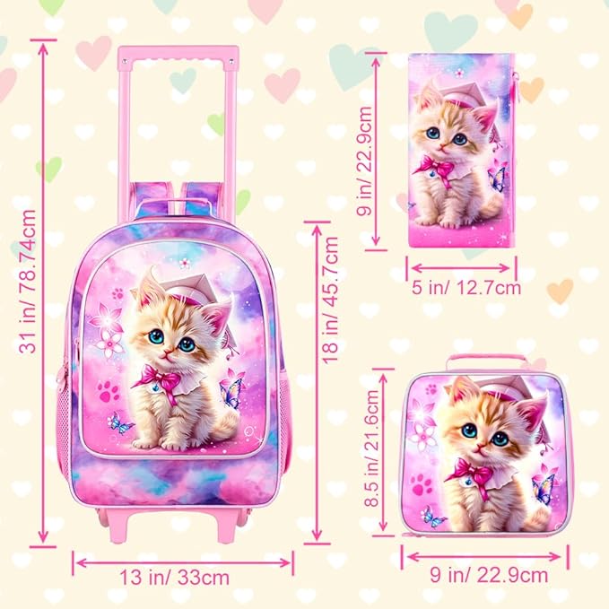 gxtvo Girls Rolling Backpack, Cute Cat Roller Wheels Kids Bookbag - Wheeled Elementary School Bag - 3PCS Cat