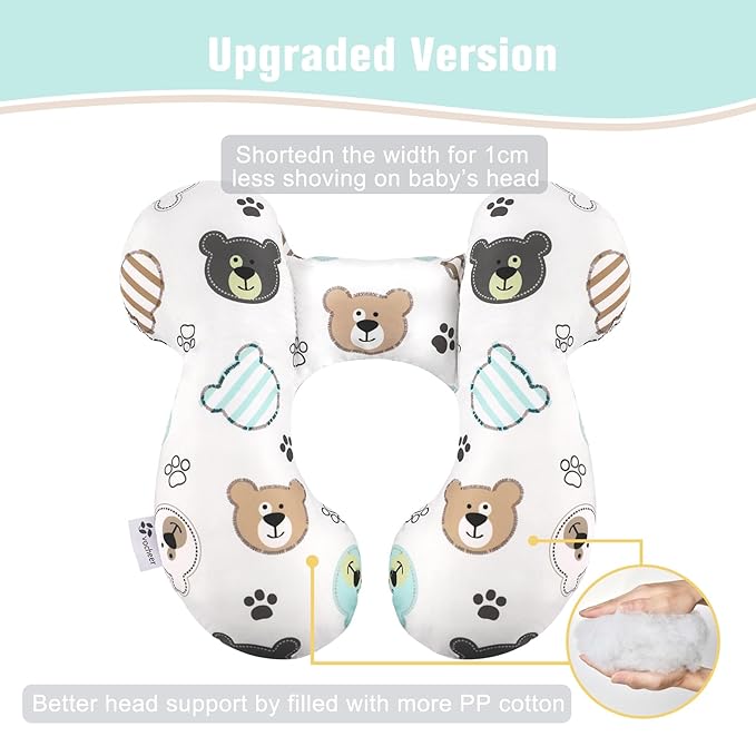 vocheer Baby Travel Pillow(Upgraded), Head and Neck Support Pillow for Pushchair, Car Seat,Stroller, Bouncer, Cotton(Bear)