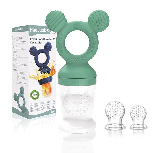 Baby Fruit Feeder, Frozen Teething Toys, Teether Pacifier with 3 Extra Teats, Infant Eating Essentials, BPA Free Baby Feeding Supplies (Grass Green)