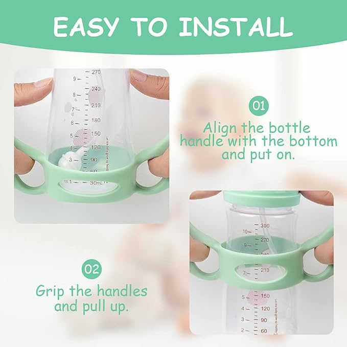 Silicone Baby Bottle Handles, 3PCS Bottle Handles for 2.36-2.76" Wide-Neck Bottles, Baby Bottle Handles has Easy Grip Handles, Easy Carry Handle Lightweight Bottle Handle(Blue/Green/Pink)