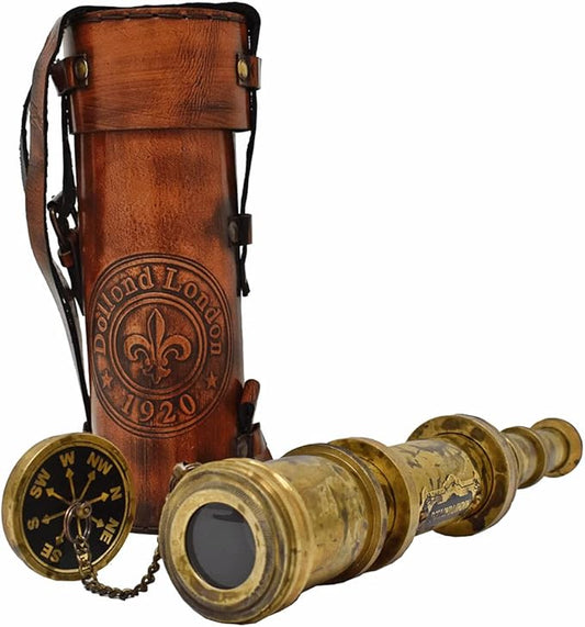 Antique Brass Pirate Telescope Camping Accessories Telescope for Adults Marine Sailor's Spyglass, 18 inch Brass Made w High Resolution Magnification w Brown Leather Case Nautical Gift