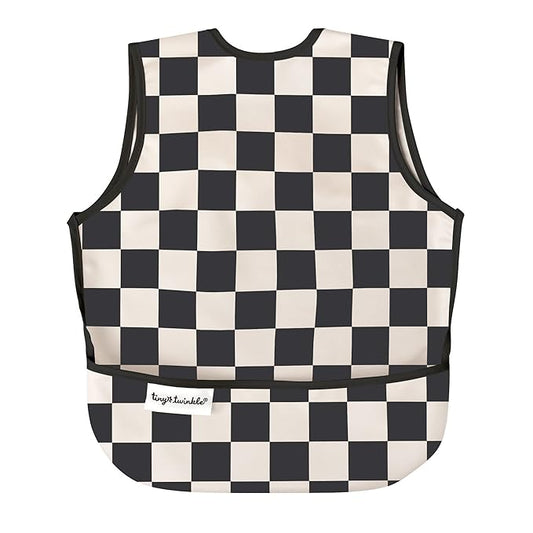 Tiny Twinkle Mess Proof Baby Bib - Waterproof & Lightweight Baby-Led Weaning Apron | 100% Recycled Polyester, Easy Clean & Machine Washable (Black Checkers, Small 6-24 Months)