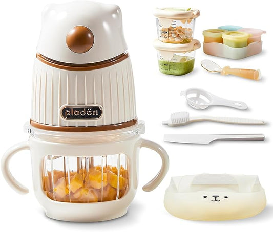 Baby Food Maker-Food Processor, Fruits, Vegetables, Meats, Potatoes, Avocados, Gift Package with A feeding spoon, A bib, A set of 4 separate food ice cube trays, and Two 200ml food storage