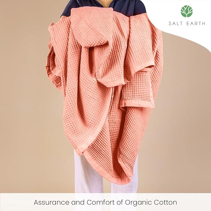 Salt Earth GOTS Certified 100% Organic Cotton Throw Blanket, 90" X 90" Waffle Blankets & Throws for Bed, Throw Blanket for Couch, Modern & Cozy Blanket, All Seasons, Comfy and Soft Blanket(Sun Bay)