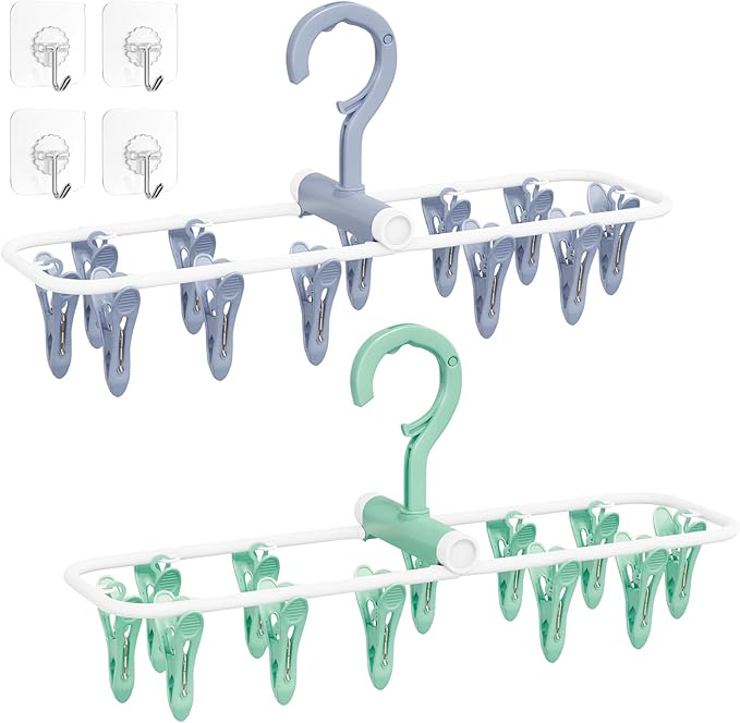 Clothes Drying Hanger with 12 Clips, 2 Pack Folding Portable Hanging Drying Rack,Drip Foldable Hanging Rack, 360° Rotatable Hook for Drying Towels Bras Baby Clothes Gloves Plastic(Blue&Green)