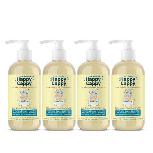 Happy Cappy Baby Shampoo and Body Wash - Eczema Body Wash for Kids, Toddler, Adults, Helps with Dryness, Reduces Itching and Redness, Dermatologist Tested, Fragrance Free - 8 Fl Oz (Pack of 4)