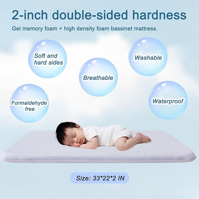 Baby Bassinet Mattress Pad, 47" x 23.6" x 2" Dual Sided Gel Memory Foam Mattress with Breathable Removable Soft Cover Fit for ADOVEL/BabyBond/ELEMARA Bassinet Bedside Crib