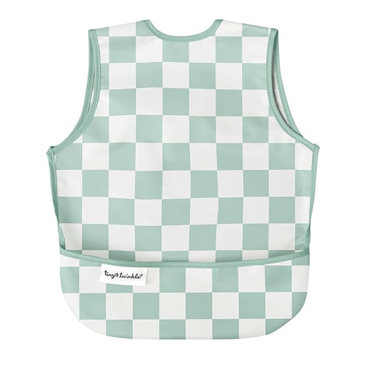 Tiny Twinkle Mess Proof Baby Bib - Waterproof & Lightweight Baby-Led Weaning Apron | 100% Recycled Polyester, Easy Clean & Machine Washable (Green Checkers, Small 6-24 Months)