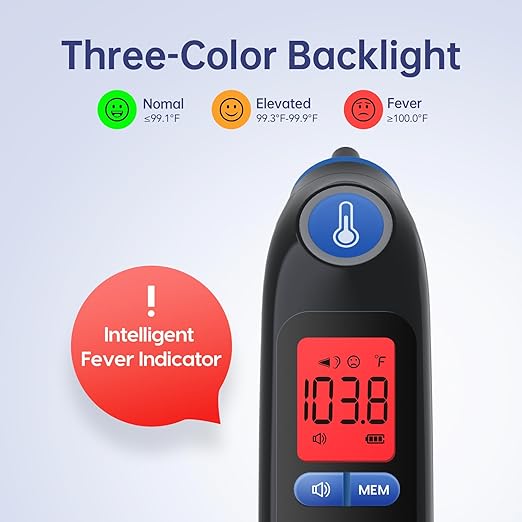 Ear Thermometer, Highly Accurate Ear Thermometer for Kids, Adults and Babies, 30 Memory Recall, 1s Result and 3-Color Fever Alert, with 24 Disposable Probe Covers, Blue