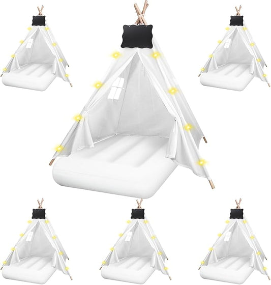 6 Pcs Kids Teepee Tent Bulk with Light String Inflatable Airbed Bedding Fitted Sheet and Markeable Small Blackboards for Boys Girls Indoor Outdoor Slumber Party (White)