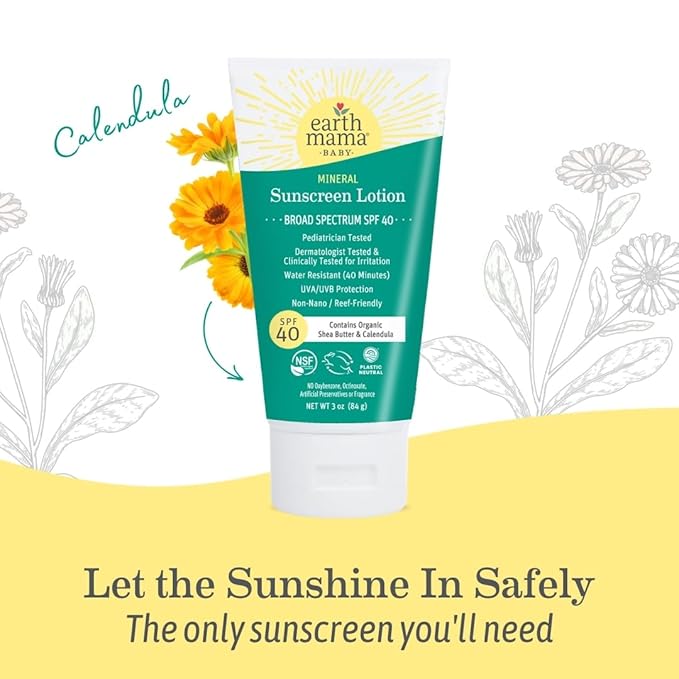 Earth Mama Baby Mineral Sunscreen Lotion SPF 40 | Non-Nano Zinc, Natural Water Resistant Sun Cream for Babies, Kids & Adults, 3-Ounce (2-Pack)