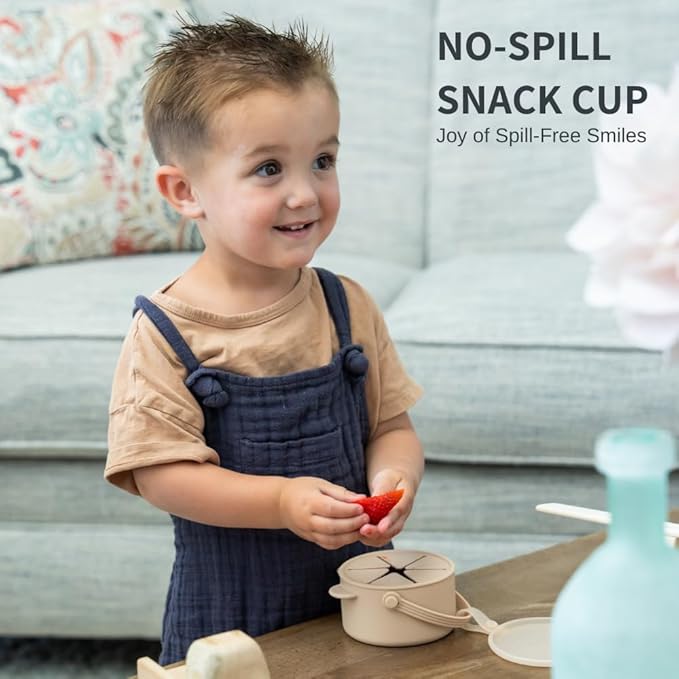 Silicone No Spill Snack Cups for Toddlers – Portable Baby Snack Cup Containers with Dustproof Lid – Dishwasher-Friendly Toddler Spill Proof Cups Without BPA, Lead, or Phthalates – Blue and Beige