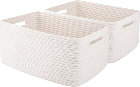 OIAHOMY Storage Basket for Shelves, Closet Cube Storage Bins Baskets for Clothes Blanket Towels, Baby Nursery, Toy Baskets Box, Woven Rope Basket, 15.75*11.81*7.09 IN, 2 Packs White