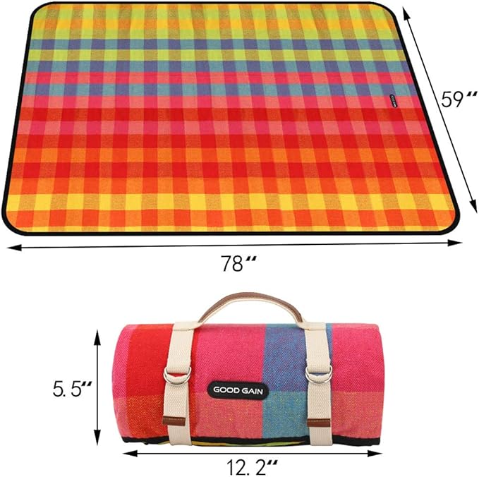 G GOOD GAIN Waterproof Picnic Blanket Portable with Carry Strap for Beach Mat or Family Outdoor Camping Party (red Plaid)