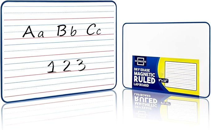 SCRIBBLEDO Magnetic Dry Erase Board, Double Sided 9" x 12" Small White Board, Ruled - Blank Blue Framed Mini Dry Erase Board, Portable Whiteboard for Kids, Great for School, Home & Remote Learning