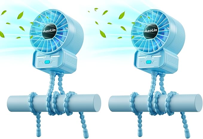 2 Pack Multifunctional Portable Stroller Fan 4 Speed 6600rpm High Speed Usb Rechargeable Personal Mini Handheld Fan Extended Tripod for Desktop Winding Kids Bed Treadmill Bike Golf Cart Outdoor Travel